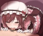  1boy 1girl arakumachikano blush brown_eyes brown_hair clothed_female_nude_male collarbone dress fellatio gloves hat heart heart-shaped_pupils hetero idolmaster idolmaster_shiny_colors long_hair male_pubic_hair nude oral osaki_amana penis pink_dress pov pubic_hair solo_focus symbol-shaped_pupils white_gloves 