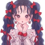  1girl bangs beads black_hair blush bow earrings food_print frilled_shirt_collar frills hair_bow highres jewelry long_hair looking_at_viewer original portrait purple_eyes red_bow shirt simple_background solo strawberry_print teadei_gobou twintails white_background white_shirt 