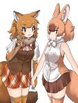  1girl 2girls alternate_costume animal_ears blush brown_fur brown_gloves brown_hair brown_shirt brown_skirt brown_thighhighs brown_vest cowboy_shot dhole_(kemono_friends) dhole_(kemono_friends)_(old_design) dog_ears dog_girl dog_tail elbow_gloves extra_ears fur_collar gloves green_eyes highres holding_hands kemono_friends multiple_girls orange_skirt pleated_skirt shirt short_sleeves skirt sleeveless solo t-shirt tail thighhighs two-tone_shirt uf34a v vest white_fur white_shirt zettai_ryouiki 