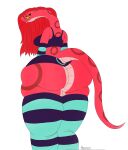  2020 anthro arm_warmers armwear big_butt biped bottomwear breasts butt clothed clothing digital_media_(artwork) elyssa_(trinity-fate62) eyewear fangs female glasses hair hi_res huge_butt long_neck non-mammal_breasts rear_view red_hair reptile scalie simple_background snake solo thick_thighs thixxen topwear underwear wide_hips 