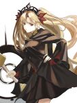  1girl absurdres bangs black_dress blonde_hair breasts commentary_request dress earrings ereshkigal_(fate) fate/grand_order fate_(series) floating_hair hair_ribbon hand_on_hip highres holding holding_polearm holding_weapon hoop_earrings jewelry kou_(184756o) long_hair looking_at_viewer medium_breasts meslamtaea_(weapon) parted_bangs polearm red_eyes red_ribbon ribbon simple_background skull solo spear tiara two_side_up very_long_hair weapon white_background wide_sleeves 