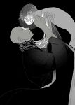  1boy 1other androgynous arm_up bald bangs closed_eyes closed_mouth comforting covered_mouth eyelashes face-to-face facing_another from_side glowing glowing_eye golden_arms greyscale houseki_no_kuni kesa kongou_sensei light_particles liquid long_sleeves looking_at_another monochrome moon_uniform_(houseki_no_kuni) outstretched_arms phosphophyllite phosphophyllite_(ll) profile saiko67 see-through see-through_sleeves short_hair simple_background sparkle spoilers strangling surprised tears upper_body wide_sleeves wiping_tears 