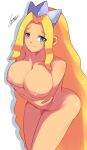  1girl arms_under_breasts blonde_hair blue_eyes blush breast_hold breasts cleavage crossed_arms dress gloves highres large_breasts leaning_forward long_hair mega_man_(series) mega_man_battle_network nipples nude princess princess_pride_(mega_man) shoutaro_saito signature simple_background smile solo tiara very_long_hair white_background white_dress white_gloves 