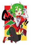  1girl absurdres black_pants breasts china_dress chinese_clothes draco_centauros dress elbow_gloves fang gao gloves green_eyes green_hair grey_eyes highres horns medium_breasts offbeat pants pointy_ears puyopuyo red_dress red_footwear short_hair solo translation_request white_gloves 