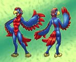  2022 5_toes abstract_background anthro avian bassybefuddle beak big_butt bird black_pupils blonde_hair blue_body blue_feathers blue_hair butt chest_tuft claws feather_hands feathers featureless_chest featureless_crotch feet front_view hair hand_on_hip hi_res looking_at_viewer looking_away looking_back macaw male neotropical_parrot nude parrot pupils purple_eyes raised_arm rear_view red_body red_feathers red_hair smile smirk solo tail_feathers talons toe_claws toes true_parrot tuft white_claws yellow_beak yellow_body yellow_feathers 