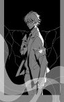  1boy aechmea_(houseki_no_kuni) armband bangs belt border closed_mouth collared_shirt cowboy_shot formal from_side glint greyscale hand_up holding houseki_no_kuni jacket long_sleeves looking_at_viewer looking_to_the_side male_focus monochrome necktie outside_border pants ribbon safety_pin saiko67 see-through shirt solo suit 