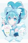  &gt;_&lt; +_+ 1girl :d bangs bare_shoulders black_sleeves blue_bow blue_eyes blue_hair blush_stickers bow character_name chon_(chon33v) cinnamiku cinnamoroll closed_eyes collared_shirt commentary_request frilled_shirt_collar frilled_sleeves frills grey_shirt hair_between_eyes hair_bow hatsune_miku headphones highres holding holding_spoon long_sleeves looking_at_viewer parted_lips sanrio shirt sidelocks sleeveless sleeveless_shirt smile spoon updo vocaloid wide_sleeves xd 