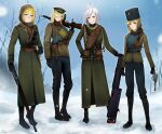  4girls alternate_costume ammunition_belt ammunition_pouch artist_name assault_rifle bangs black_footwear black_gloves blonde_hair blue_eyes blue_pants blush body_armor bolt_action boots brown_jacket brown_scarf bullet closed_mouth coat darkpulsegg english_commentary fedorov_(girls&#039;_frontline) fedorov_avtomat full_body girls&#039;_frontline gloves green_coat green_eyes green_headwear green_scarf gun hair_between_eyes hair_over_one_eye handgun hat highres holding holding_gun holding_weapon holstered_weapon hood hood_up jacket lips long_hair looking_at_viewer machine_gun medium_hair military military_hat military_uniform mosin-nagant mosin-nagant_(girls&#039;_frontline) multiple_girls nagant_m1895 nagant_revolver_(girls&#039;_frontline) open_mouth over_shoulder pants papakha pm1910 pm1910_(girls&#039;_frontline) pouch red_eyes revolver rifle russian_empire scarf shell_casing smile snow snowflakes standing uniform weapon weapon_over_shoulder white_hair winter winter_clothes winter_coat winter_uniform 