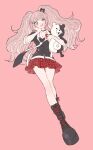  1girl badge bangs bear_hair_ornament blush boots bow bra bra_peek breasts button_badge choker cleavage cross-laced_footwear danganronpa:_trigger_happy_havoc danganronpa_(series) enoshima_junko grin hair_ornament half-closed_eyes hand_on_own_cheek hand_on_own_face highres holding holding_stuffed_toy lace-up_boots long_hair monokuma nail_polish necktie pink_hair plaid plaid_skirt pleated_skirt rikuwo skirt smile solo stuffed_toy twintails underwear uneven_eyes very_long_hair 
