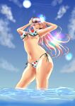  1girl alternate_costume aqua_bikini aqua_swimsuit bangs bikini blue_sky blush breasts chika_(keiin) feet_out_of_frame girls&#039;_frontline goggles goggles_on_head hands_on_eyewear highres large_breasts long_hair looking_at_viewer mole mole_under_eye navel on_water open_mouth pink_hair red_eyes sig_mcx_(girls&#039;_frontline) sky smile solo standing swimsuit teeth thighs underboob upper_teeth wet 