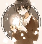  1boy brown_eyes brown_hair brown_sweater copyright_request hair_between_eyes hands_up heart_(organ) male_focus mashiro_hiro shirt short_hair simple_background solo sweater upper_body white_shirt 