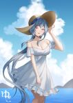  1girl absurdres bangs bare_shoulders blue_hair blue_sky breasts cleavage cloud cloudy_sky day dress ganyu_(genshin_impact) genshin_impact hat highres large_breasts long_hair looking_at_viewer low_ponytail off-shoulder_dress off_shoulder open_mouth purple_eyes sidelocks sky smile solo standing straw_hat water white_dress yuki_(o2) 