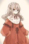  1girl bangs black_ribbon blush brown_eyes cowboy_shot dress glasses light_brown_hair long_hair long_sleeves looking_at_viewer mashiro_hiro original puffy_long_sleeves puffy_sleeves red_dress ribbon simple_background skirt_hold wavy_hair white_headwear 