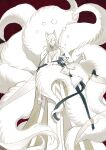  1boy 1other aechmea_(houseki_no_kuni) animal_ears barefoot blue_skin bow cape cat_ears cat_tail clinging colored_skin dark_skin extra_eyes floating_hair foot_up fox_boy fox_ears fox_tail hand_up height_difference holding_another&#039;s_tail houseki_no_kuni kemonomimi_mode looking_at_another looking_at_viewer miniskirt mole mole_under_eye multiple_tails open_mouth outstretched_arms pale_skin plantar_flexion reaching red_background saiko67 shirt short_hair skirt smile tail tail_wrap white_cape white_hair white_shirt 