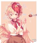  1girl animal_on_head bird bird_on_head bird_tail bird_wings blonde_hair border brown_dress chick dress feathered_wings highres kemo_chiharu multicolored_hair niwatari_kutaka on_head open_mouth orange_wings puffy_short_sleeves puffy_sleeves red_eyes red_hair shirt short_sleeves solo tail tail_feathers touhou two-tone_hair white_border white_shirt wings yellow_wings 
