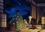  2boys architecture arm_at_side arm_support black_coat black_hair box choko_(cup) coat coat_on_shoulders cup east_asian_architecture facing_to_the_side fireflies from_behind green_coat grey_kimono haori himejima_gyoumei holding holding_cup indoors japanese_clothes kimetsu_no_yaiba kimono knee_up lantern long_sleeves looking_away looking_to_the_side male_focus moon multiple_boys multiple_scars night night_sky on_floor open_door outstretched_arm profile qu4ntums0d4 scar scar_on_chest scar_on_leg shinazugawa_sanemi short_hair shouji side_handle_teapot sky sliding_doors smile summer talisman tatami teacup teapot tokkuri tray tree undercut vase white_hair wind wind_chime yunomi 