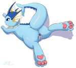 anus blue_body blue_eyes butt censored eeveelution feith-zr female feral genitals hi_res looking_back lying nintendo pawpads paws pok&eacute;mon pok&eacute;mon_(species) pussy raised_tail simple_background solo vaporeon video_games white_background 