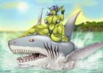  absurd_res big_breasts bikini breasts camel_toe clitoris_outline clothing female feral fish hi_res larger_feral marine mrxrickyx shark sharp_teeth size_difference smaller_female spread_legs spreading swimwear teeth thick_thighs 