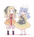  2girls ? alternate_hairstyle alternate_headwear apron armor armored_dress biyon blonde_hair bloomers blue_hair boots double_bun dress green_apron green_hood hair_bun hair_ribbon haniyasushin_keiki joutouguu_mayumi long_hair medium_hair multiple_girls puffy_short_sleeves puffy_sleeves ribbon sandals short_sleeves touhou underwear white_ribbon yellow_dress 