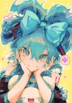  1girl :3 absurdres bangs blue_eyes blue_hair blush bow cinnamiku cinnamoroll creature creature_on_shoulder detached_sleeves hair_bow hair_ornament hands_on_own_cheeks hands_on_own_face hatsune_miku highres long_hair looking_at_viewer machi_mile00 on_shoulder sanrio smile solo_focus speech_bubble spoken_squiggle squiggle tied_ears updo vocaloid 