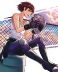  1girl bare_shoulders brown_hair chain-link_fence fence helmet highres knee_pads motorcycle_helmet niijima_makoto padded_gloves pants persona persona_5 red_eyes short_hair sitting sky solo tank_top wanderstillart white_tank_top 