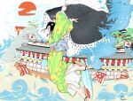  1girl black_hair boat cloud green_kimono highres japanese_clothes kawatsu_yuuki kimono long_hair obi open_mouth original print_kimono profile red_sun sandals sash smile solo tree watercraft waves wide_shot 