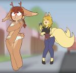  anthro antlers bra braided_hair bullying canid canine casenpoint casey_(casenpoint) clothing duo erica_(casenpoint) eyewear female fox glasses hair hi_res horn humiliation jackalope lagomorph mammal multi_tail outside public public_exposure public_humiliation underwear 