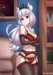  1girl absurdres book bra crossed_arms crown demon_horns helltaker highres horns lanihoku lingerie long_hair lucifer_(helltaker) mole mole_under_eye nail_polish navel panties pantyhose red_bra red_eyes red_nails red_panties standing underwear white_hair white_horns 