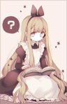  1girl ? apron black_bow black_dress blush book bow dress full_body grey_eyes hair_bow highres light_brown_hair long_hair long_sleeves maid_apron mashiro_hiro open_book original pale_skin reading simple_background sitting solo speech_bubble star_(symbol) very_long_hair 