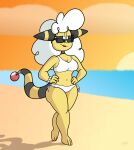  absurd_res ampharos anthro beach bikini clothing eyewear female hands_on_hips hi_res lipstick makeup mature_female ms._barrett_(poketropolis) nintendo pok&eacute;mon pok&eacute;mon_(species) poketropolis sand sea seaside solo sunglasses sunset swimwear thick_thighs toontk toonveetoons video_games walking water 