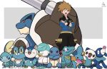  1boy absurdres blastoise blue_oak brown_hair crossed_arms fangs froakie highres ida_(idalol490) looking_at_viewer mega_blastoise mega_pokemon mudkip official_alternate_costume open_mouth oshawott piplup pokemon pokemon_(creature) pokemon_(game) pokemon_masters_ex popplio quaxly smile sobble spiked_hair squirtle totodile wavy_mouth 