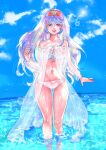  1girl breasts cleavage cloud collarbone dragon_quest dragon_quest_ii hood jewelry k_kymz long_hair looking_at_viewer navel open_mouth princess_of_moonbrook purple_hair red_eyes ring smile solo swimsuit water 