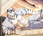  abs alcohol anthro arknights barazoku beach beverage clothing felid feline fur hi_res hypergryph male male/male mammal mountain_(arknights) muscular muscular_male neeksaki nipples pantherine pecs seaside solo studio_montagne summer tiger video_games whiskey white_body white_fur 