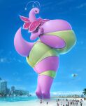  absurd_res aircraft anthro beach big_breasts breasts building clothing drakonst female helicopter hi_res huge_breasts human hyper hyper_breasts larger_female macro mammal meganium nintendo pok&eacute;mon pok&eacute;mon_(species) seaside size_difference smaller_human swimwear thick_thighs video_games 