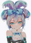  1girl :d absurdres aqua_bow aqua_eyes aqua_hair bangs bare_shoulders black_sleeves blush bow cinnamiku cinnamoroll closed_eyes closed_mouth commentary_request crossover detached_sleeves frown grey_shirt hair_between_eyes hair_bow hair_ornament hatsune_miku headset highres hug latex looking_at_viewer shirt sleeveless sleeveless_shirt smile tied_ears updo upper_body vocaloid vptku white_background 