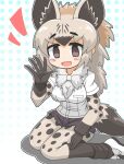  1girl :d animal_ear_fluff animal_ears animal_print bangs blush_stickers bodystocking bow bowtie breast_pocket brown_eyes brown_hair chibi cutoffs fur_collar gloves grey_hair hand_up hyena_ears hyena_girl hyena_tail kemono_friends layered_sleeves light_brown_hair long_hair long_sleeves looking_at_viewer multicolored_hair outstretched_hand pocket print_sleeves shirt shoes short_over_long_sleeves short_shorts short_sleeves shorts sitting smile solo spotted_hyena_(kemono_friends) spread_fingers tail white_shirt wirou 