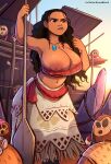  1girl absurdres alternate_breast_size areola_slip arm_up armpits bare_shoulders black_hair breasts brown_eyes dark-skinned_female dark_skin emmabrave feet_out_of_frame highres huge_breasts jewelry long_hair midriff moana_(movie) moana_waialiki navel necklace nipple_slip nipples oar outdoors solo strapless tube_top very_long_hair 