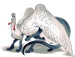  1girl arm_at_side bangs blood blood_on_arm blurry chimera depth_of_field dragon_tail dungeon_meshi falin_thorden feathered_wings from_side full_body looking_away monochrome monster_girl nude saiko67 short_hair simple_background solo spoilers spot_color standing tail taur wings 