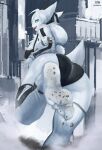  anthro barefoot blue_eyes_(character) bovid building caprine city cityscape feet female foot_focus fur goat hair hi_res humanoid_feet macro mammal micro paws soles solo solutionwcs stuck_to_foot toes white_body white_fur white_hair 