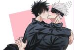  2boys bangs black_blindfold black_hair black_jacket blindfold blush closed_mouth commentary_request flying_sweatdrops full-face_blush fushiguro_megumi fushirun_rung gojou_satoru green_eyes hair_between_eyes high_collar highres hug jacket jujutsu_kaisen licking licking_another&#039;s_face long_sleeves looking_at_another male_focus multiple_boys nervous short_hair spiked_hair sweatdrop tongue tongue_out white_hair yaoi 