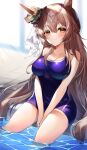  1girl 40_(0f0urw) absurdres animal_ears blurry blurry_background blush breasts brown_hair commentary_request hair_between_eyes hair_ornament highres horse_ears large_breasts looking_at_viewer pool satono_diamond_(umamusume) solo swimsuit thighs tracen_swimsuit umamusume yellow_eyes 