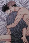  2boys bangs bed bed_sheet bedroom black_male_underwear blue_shirt blush closed_eyes commentary_request facial_mark fushiguro_megumi fushirun_rung hand_on_another&#039;s_thigh highres hug indoors itadori_yuuji jujutsu_kaisen looking_at_another lying male_focus male_underwear multiple_boys muscular muscular_male on_bed parted_lips pillow pink_hair shirt short_hair spiked_hair spooning topless_male undercut underwear veins yaoi yellow_eyes 