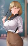  1girl ^_^ absurdres blonde_hair breasts buttons chalkboard closed_eyes high-waist_skirt highres holding holding_notebook inuyama_aoi large_breasts notebook older open_mouth sezok skirt smile solo teacher upper_body yurucamp 