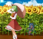  2girls absurdres ascot bangs blue_bow blue_dress blue_eyes blue_hair blue_sky bow cirno cloud cloudy_sky collared_shirt day dress fairy_wings field flower flower_field frilled_skirt frilled_umbrella frills garden_of_the_sun green_hair hair_between_eyes hand_up hiding highres holding holding_umbrella ice ice_wings kazami_yuuka light_rays mary_janes multiple_girls outdoors pinafore_dress plaid plaid_skirt plaid_vest red_footwear red_ribbon ribbon sasaki_sakiko shirt shoes short_hair skirt sky socks squatting sun sunbeam sunflower sunlight sweat sweatdrop touhou umbrella vest white_shirt wings 