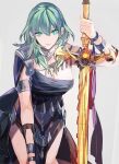  1girl amu_(nsk0) aqua_eyes arm_up breasts byleth_(fire_emblem) byleth_(fire_emblem)_(female) choker closed_mouth fire_emblem fire_emblem:_three_houses green_hair long_hair looking_at_viewer solo 