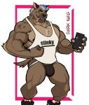  2022 absurd_res anthro armpit_hair artist_name barazoku biceps big_muscles body_hair bulge cellphone chest_hair claws clothing darknaigart english_text eyebrows flexing footwear fur hair hi_res holding_object huge_muscles hyaenid jockstrap looking_at_viewer male mammal muscular muscular_anthro muscular_male nipples open_mouth open_smile pecs phone shirt shoes simple_background smartphone smile socks solo spotted_hyena standing taking_picture tank_top teeth text text_on_clothing text_on_shirt text_on_tank_top text_on_topwear tongue tongue_out topwear tuft underwear white_background 