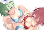  2girls bikini blush breasts cleavage covering_mouth eiyuu_densetsu floral_print flower front-tie_bikini front-tie_top green_eyes green_hair hair_flower hair_ornament hairclip hakuleg juna_crawford medium_breasts multiple_girls musse_egret navel one_eye_closed parted_lips pink_eyes red_bikini red_hair sen_no_kiseki sen_no_kiseki_iii sen_no_kiseki_iv striped striped_bikini swimsuit tribadism white_background yuri 