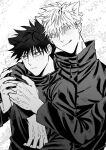  2boys :q animal_ears arm_around_shoulder bangs blush cat_boy cat_ears closed_mouth commentary_request fushiguro_megumi fushirun_rung gojou_satoru hair_between_eyes head_tilt high_collar highres hug jacket jujutsu_kaisen long_sleeves looking_at_viewer looking_to_the_side male_focus monochrome multiple_boys school_uniform short_hair spiked_hair tongue tongue_out 