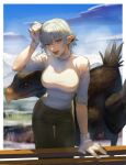  1girl bangs blue_eyes blue_hair blue_sky border breasts brown_pants chinese_commentary chocobo cloud commentary_request day earclip elezen elf fangs feet_out_of_frame final_fantasy final_fantasy_xiv genderswap genderswap_(mtf) gloves grass hand_on_own_head hand_up haurchefant_greystone highres large_breasts leaning_forward leaning_on_rail looking_at_viewer mountain mountainous_horizon open_mouth outdoors outside_border pants pointy_ears sekiikei shirt short_hair sky sleeves_rolled_up smile solo standing turtleneck white_border white_gloves white_shirt 