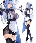  1girl 95--- absurdres alternate_costume apron arm_up black_gloves black_hairband blue_bow blue_hair blush bottle bow breasts cowboy_shot cup drinking_glass enmaided eula_(genshin_impact) frilled_apron frills from_side full_body genshin_impact glass gloves hair_ornament hairband hand_up high_heels highres holding holding_tray juliet_sleeves large_breasts long_sleeves maid maid_apron multiple_views parted_lips puffy_sleeves sash simple_background thighhighs thighs tray two-tone_footwear white_apron white_background white_footwear wine_bottle wine_glass zettai_ryouiki 